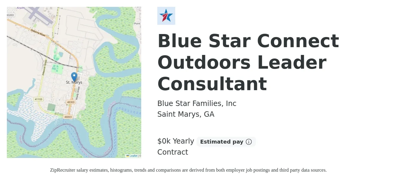 Blue Star Families, Inc job posting for a Blue Star Connect Outdoors Leader Consultant in Saint Marys, GA with a salary of $26 to $35 Yearly with a map of Saint Marys location.