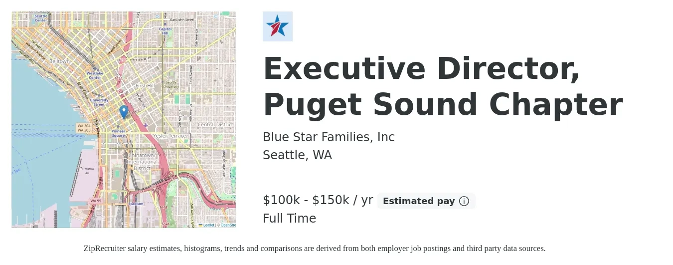 Blue Star Families, Inc job posting for a Executive Director, Puget Sound Chapter in Seattle, WA with a salary of $100,000 to $150,000 Yearly with a map of Seattle location.