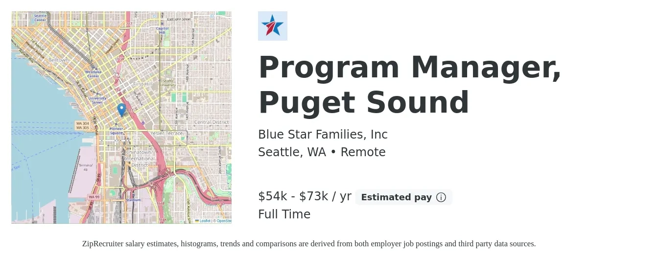 Blue Star Families, Inc job posting for a Program Manager, Puget Sound in Seattle, WA with a salary of $54,290 to $73,451 Yearly with a map of Seattle location.