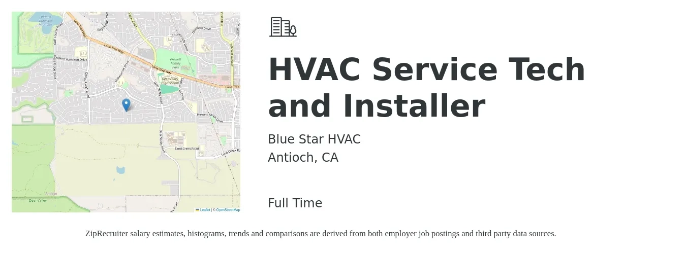 Blue Star HVAC job posting for a HVAC Service Tech and Installer in Antioch, CA with a salary of $24 to $37 Hourly with a map of Antioch location.