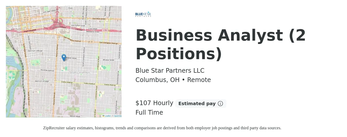Blue Star Partners LLC job posting for a Business Analyst (2 Positions) in Columbus, OH with a salary of $112 Hourly with a map of Columbus location.