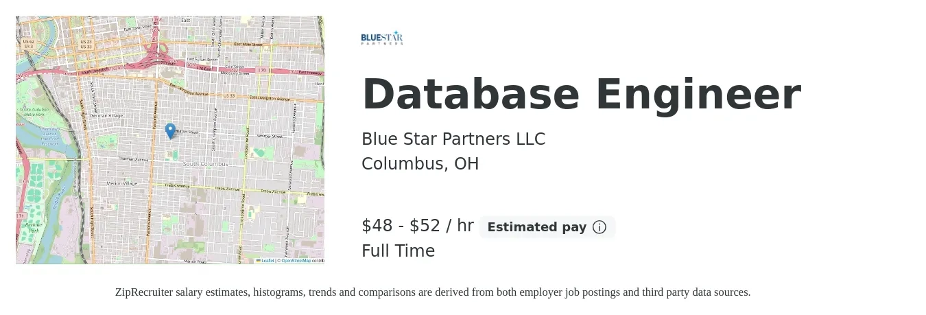 Blue Star Partners LLC job posting for a Database Engineer in Columbus, OH with a salary of $50 to $55 Hourly with a map of Columbus location.