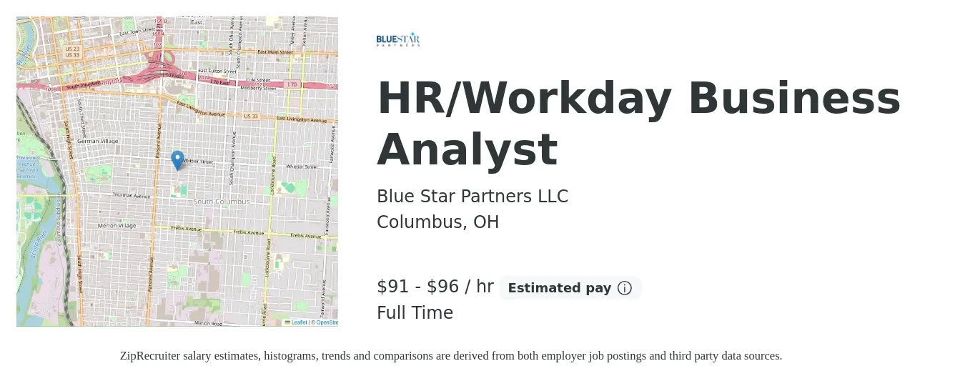 Blue Star Partners LLC job posting for a HR/Workday Business Analyst in Columbus, OH with a salary of $95 to $100 Hourly with a map of Columbus location.