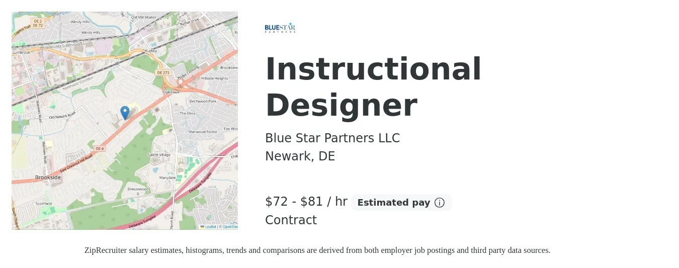 Blue Star Partners LLC job posting for a Instructional Designer in Newark, DE with a salary of $75 to $85 Hourly with a map of Newark location.