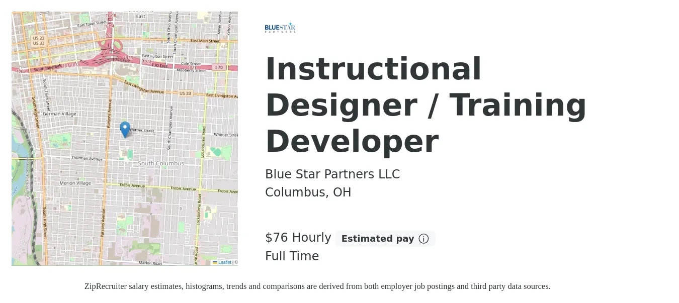 Blue Star Partners LLC job posting for a Instructional Designer / Training Developer in Columbus, OH with a salary of $80 Hourly with a map of Columbus location.