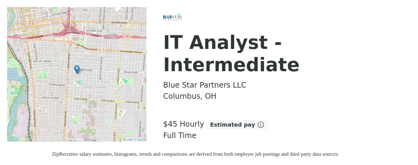 Blue Star Partners LLC job posting for a IT Analyst - Intermediate in Columbus, OH with a salary of $48 Hourly with a map of Columbus location.