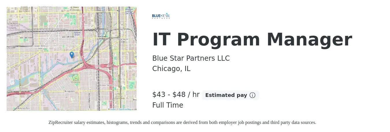 Blue Star Partners LLC job posting for a IT Program Manager in Chicago, IL with a salary of $45 to $50 Hourly with a map of Chicago location.