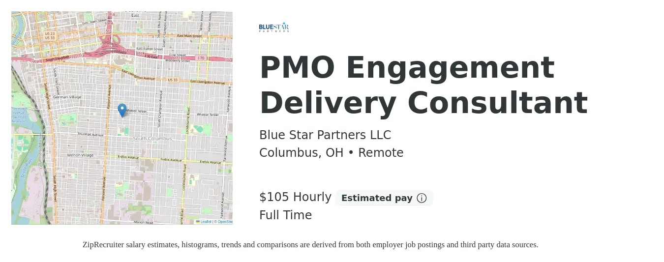 Blue Star Partners LLC job posting for a PMO Engagement Delivery Consultant in Columbus, OH with a salary of $110 Hourly with a map of Columbus location.