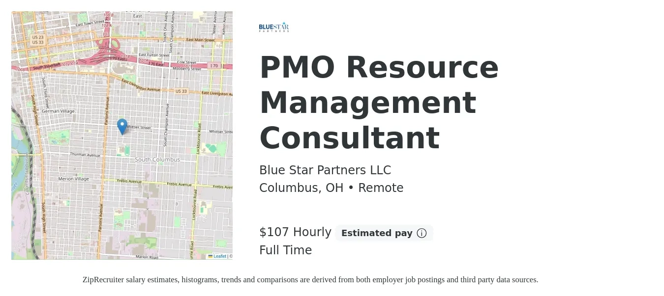 Blue Star Partners LLC job posting for a PMO Resource Management Consultant in Columbus, OH with a salary of $112 Hourly with a map of Columbus location.