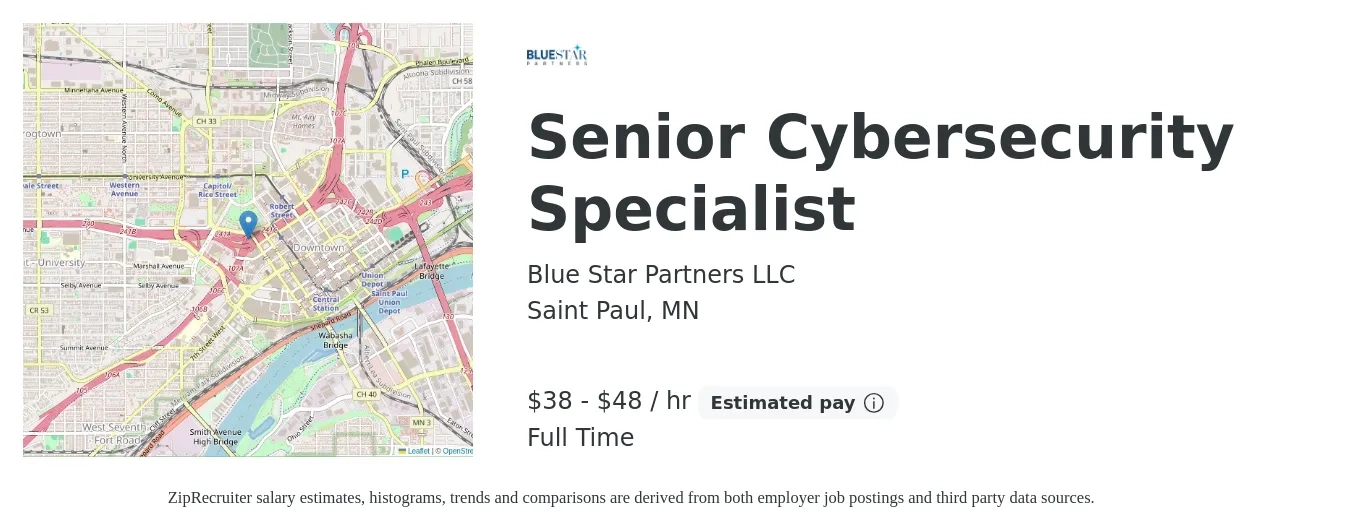 Blue Star Partners LLC job posting for a Senior Cybersecurity Specialist in Saint Paul, MN with a salary of $40 to $50 Hourly with a map of Saint Paul location.