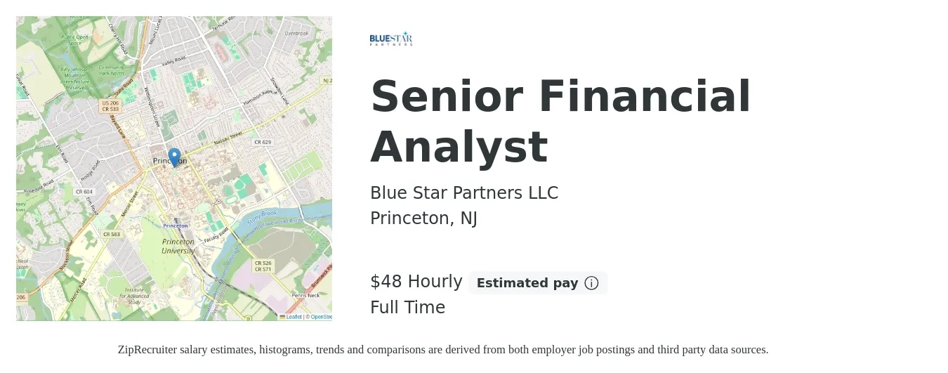 Blue Star Partners LLC job posting for a Senior Financial Analyst in Princeton, NJ with a salary of $50 Hourly with a map of Princeton location.