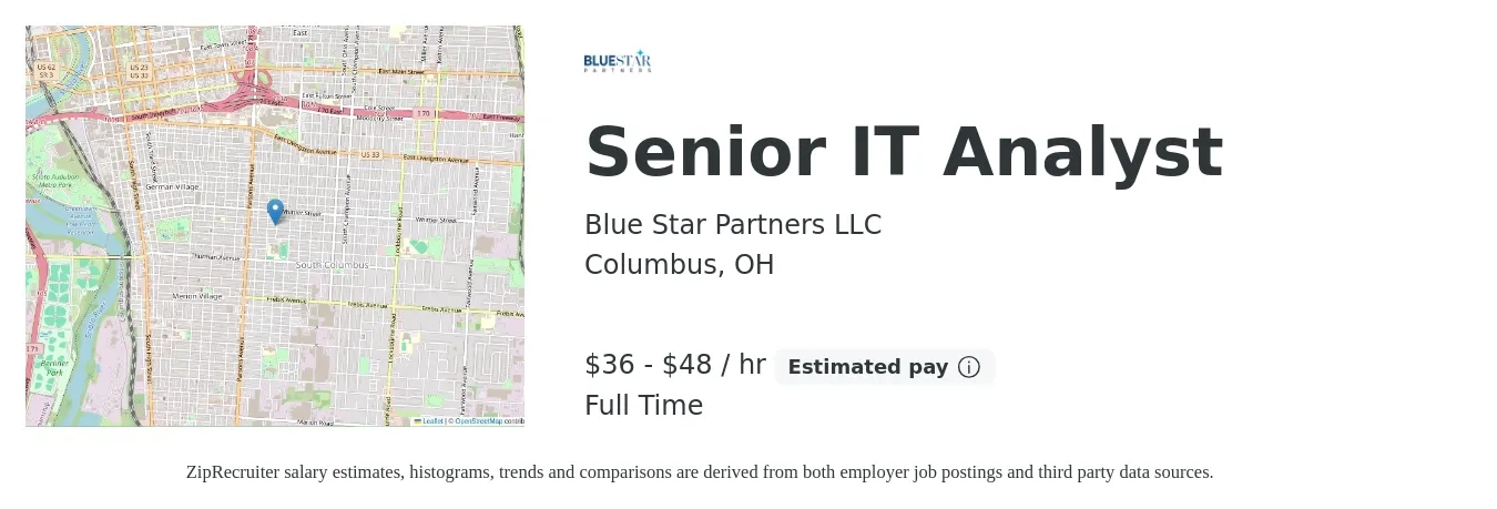 Blue Star Partners LLC job posting for a Senior IT Analyst in Columbus, OH with a salary of $38 to $51 Hourly with a map of Columbus location.