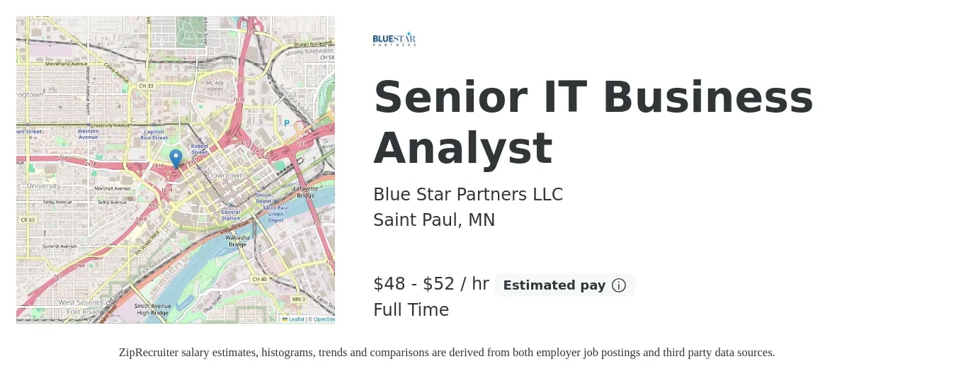 Blue Star Partners LLC job posting for a Senior IT Business Analyst in Saint Paul, MN with a salary of $50 to $55 Hourly with a map of Saint Paul location.