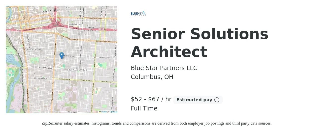 Blue Star Partners, LLC job posting for a Senior Solutions Architect in Columbus, OH with a salary of $55 to $70 Hourly with a map of Columbus location.