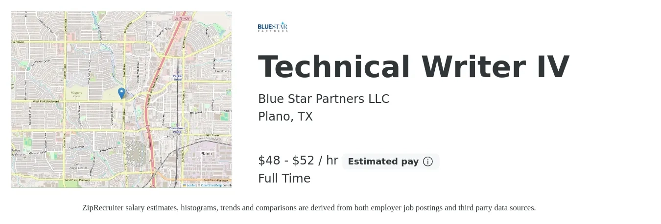 Blue Star Partners LLC job posting for a Technical Writer IV in Plano, TX with a salary of $50 to $55 Hourly with a map of Plano location.