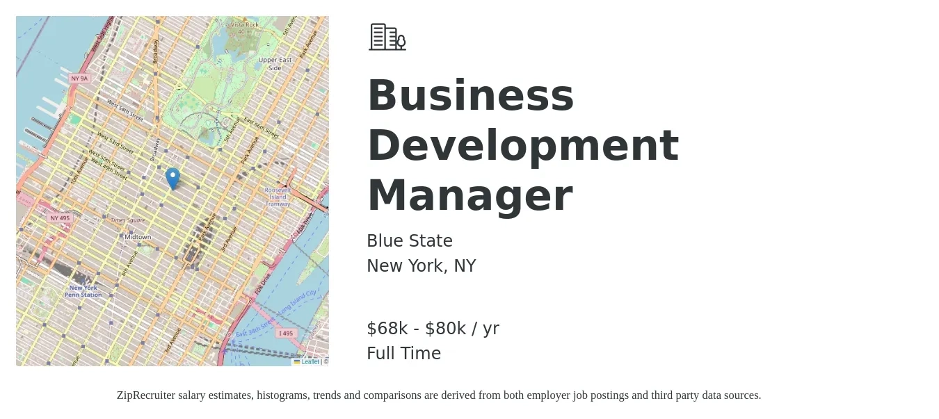 Blue State job posting for a Business Development Manager in New York, NY with a salary of $68,250 to $80,000 Yearly with a map of New York location.