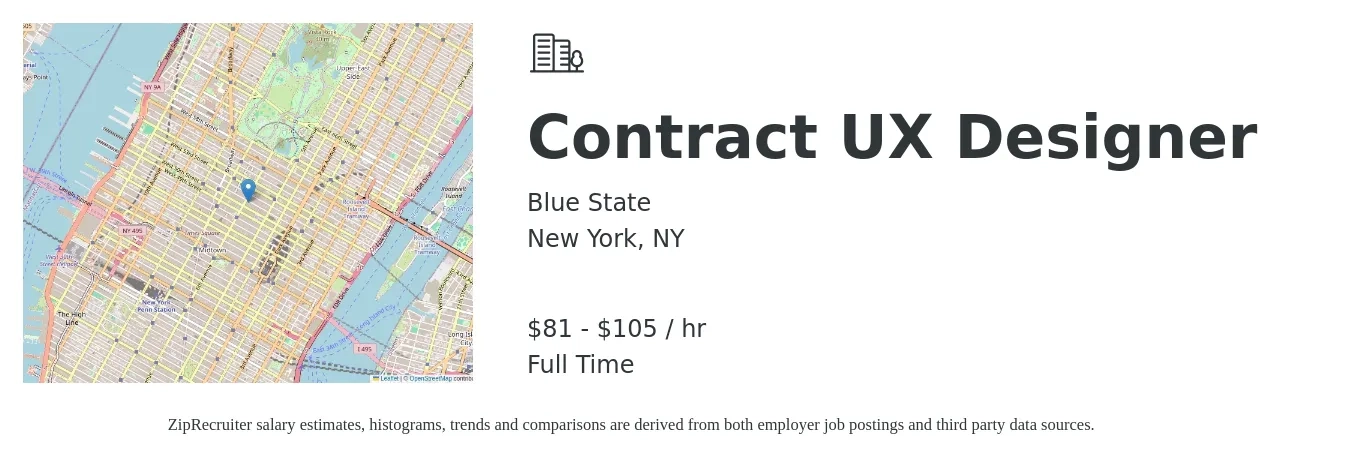 Blue State job posting for a Contract UX Designer in New York, NY with a salary of $85 to $110 Hourly with a map of New York location.