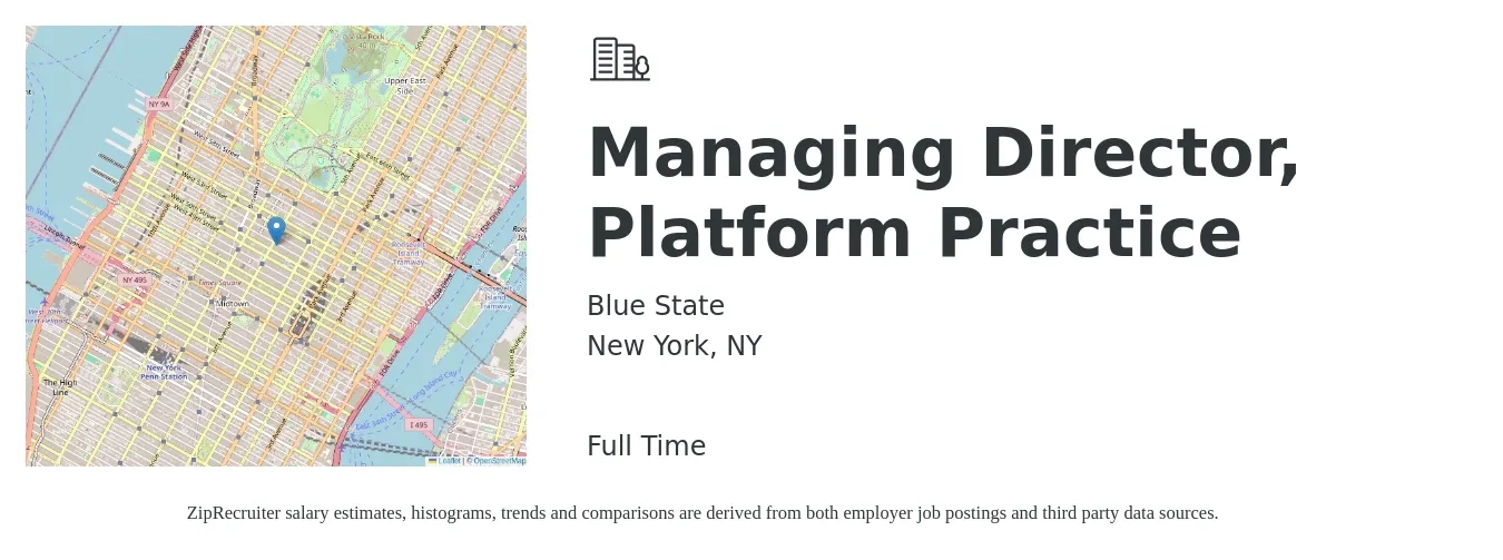 Blue State job posting for a Managing Director, Platform Practice in New York, NY with a salary of $105,000 to $191,500 Yearly with a map of New York location.