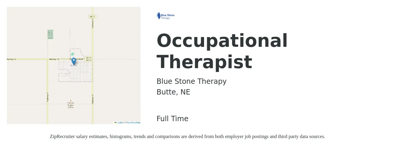 Blue Stone Therapy job posting for a Occupational Therapist in Butte, NE with a salary of $36 to $47 Hourly with a map of Butte location.