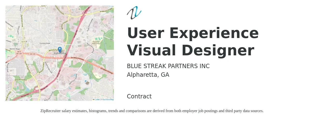 BLUE STREAK PARTNERS INC job posting for a User Experience Visual Designer in Alpharetta, GA with a salary of $60 to $73 Hourly with a map of Alpharetta location.