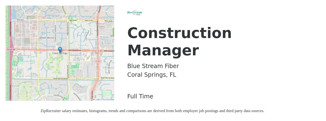 Blue Stream Fiber job posting for a Construction Manager in Coral Springs, FL with a salary of $67,600 to $110,000 Yearly with a map of Coral Springs location.