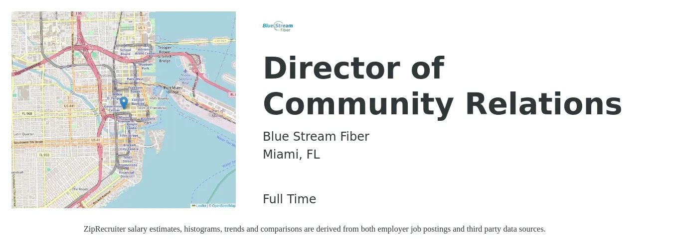 Blue Stream Fiber job posting for a Director of Community Relations in Miami, FL with a salary of $49,500 to $79,200 Yearly with a map of Miami location.