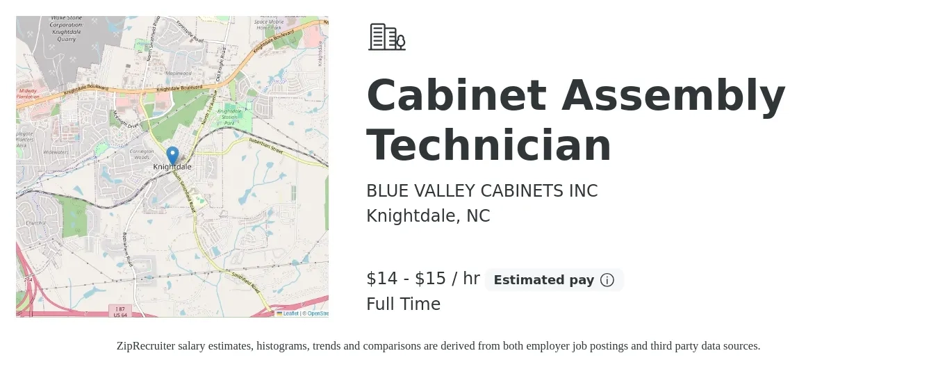 BLUE VALLEY CABINETS INC job posting for a Cabinet Assembly Technician in Knightdale, NC with a salary of $14 to $17 Hourly with a map of Knightdale location.