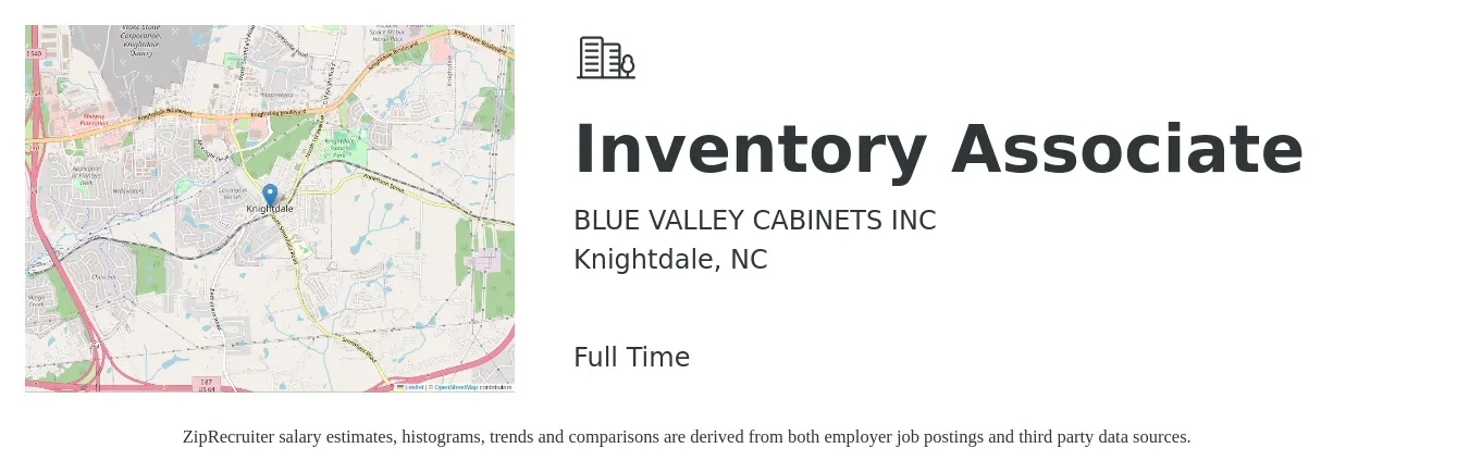 BLUE VALLEY CABINETS INC job posting for a Inventory Associate in Knightdale, NC with a salary of $14 to $18 Hourly with a map of Knightdale location.