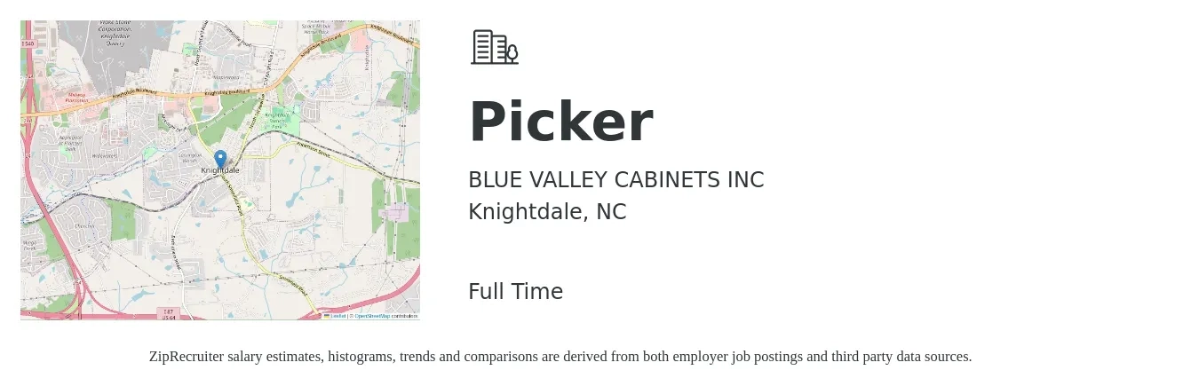 BLUE VALLEY CABINETS INC job posting for a Picker in Knightdale, NC with a salary of $14 to $17 Hourly with a map of Knightdale location.