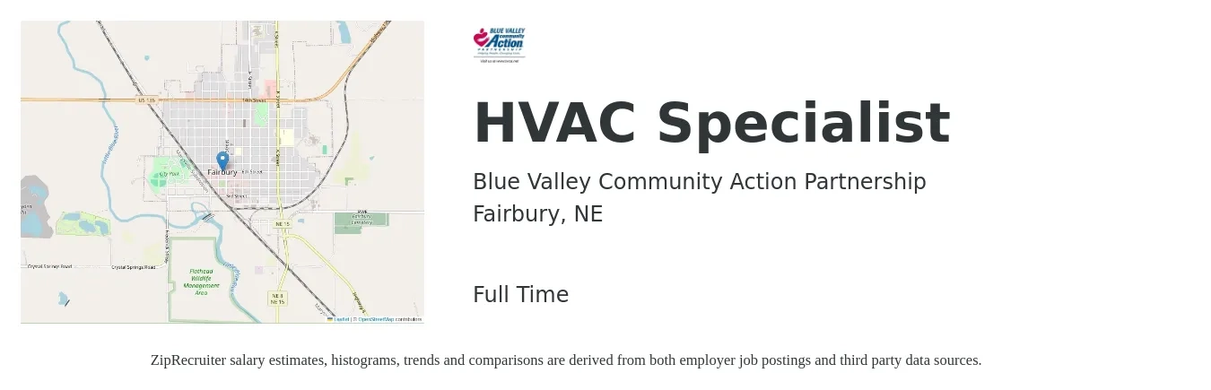Blue Valley Community Action Partnership job posting for a HVAC Specialist in Fairbury, NE with a salary of $20 to $29 Hourly with a map of Fairbury location.