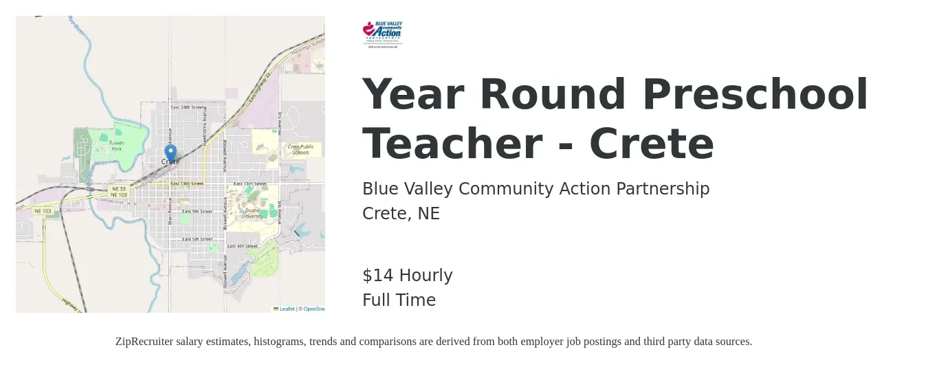 Blue Valley Community Action Partnership job posting for a Year Round Preschool Teacher - Crete in Crete, NE with a salary of $16 Hourly with a map of Crete location.