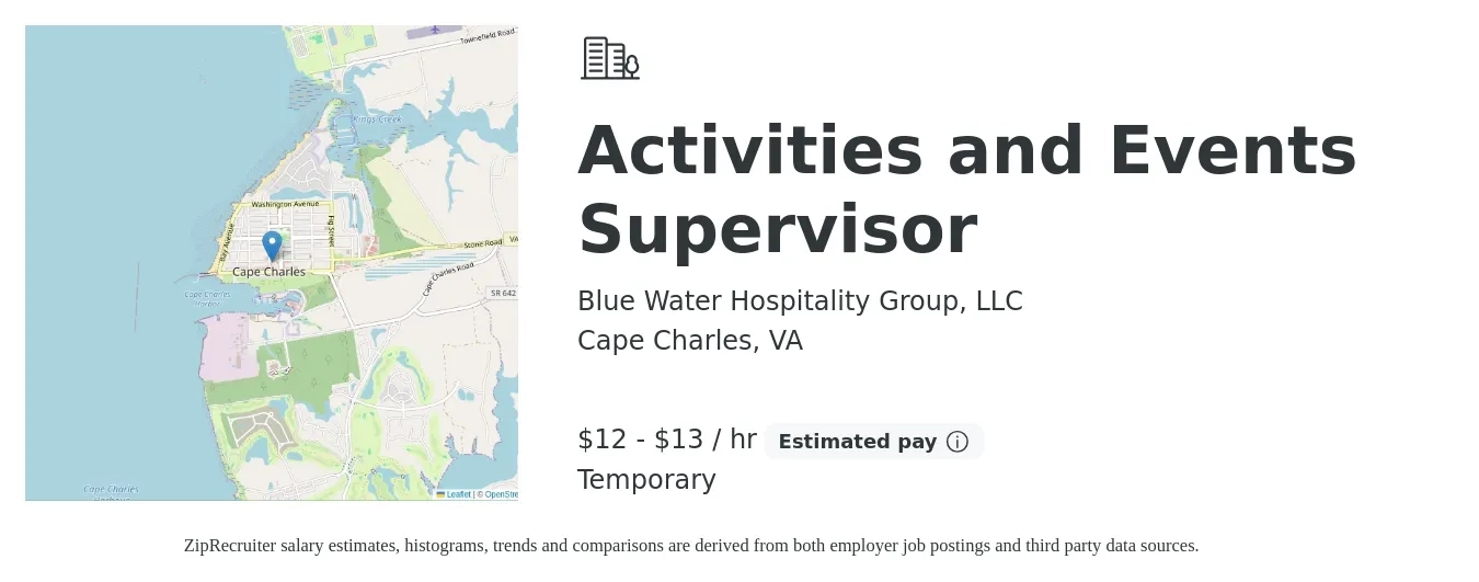 Blue Water Hospitality Group, LLC job posting for a Activities and Events Supervisor in Cape Charles, VA with a salary of $13 to $14 Hourly with a map of Cape Charles location.