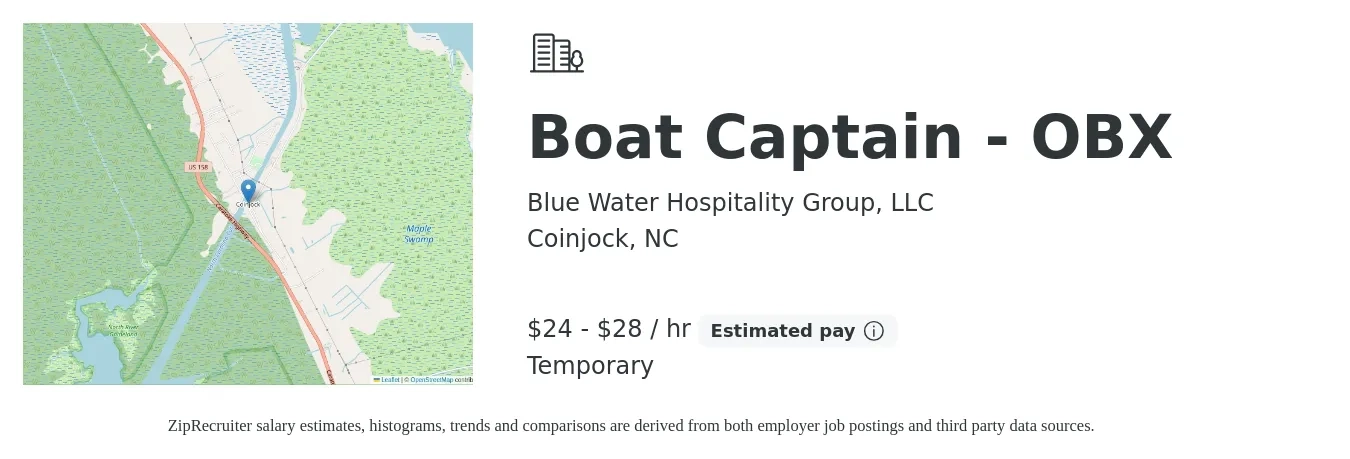 Blue Water Hospitality Group, LLC job posting for a Boat Captain - OBX in Coinjock, NC with a salary of $15 to $17 Hourly with a map of Coinjock location.