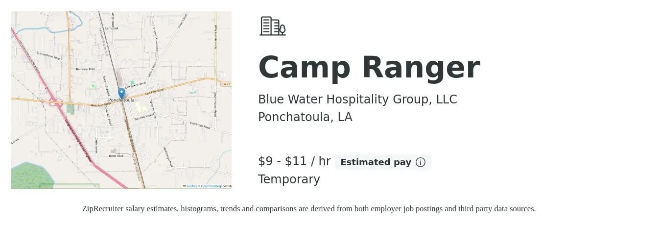 Blue Water Hospitality Group, LLC job posting for a Camp Ranger in Ponchatoula, LA with a salary of $10 to $12 Hourly with a map of Ponchatoula location.