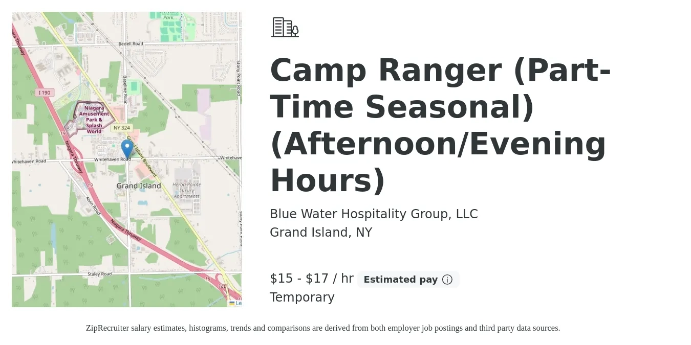 Blue Water Hospitality Group, LLC job posting for a Camp Ranger (Part-Time Seasonal) (Afternoon/Evening Hours) in Grand Island, NY with a salary of $16 to $18 Hourly with a map of Grand Island location.