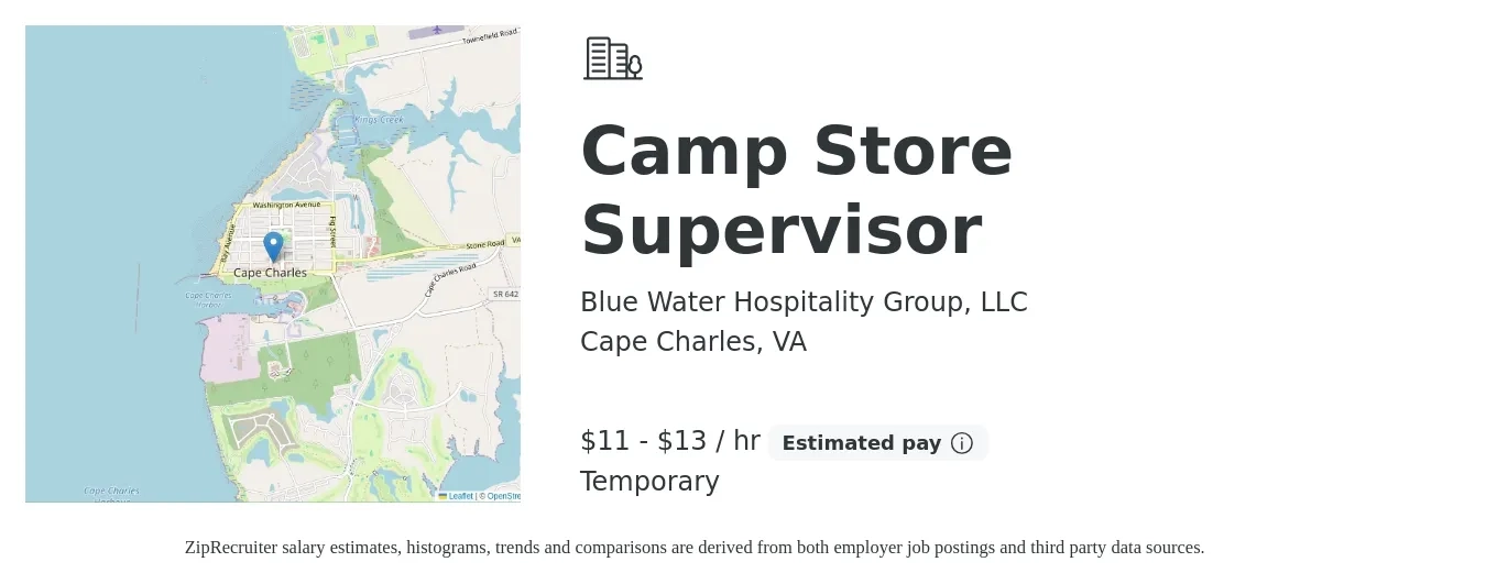 Blue Water Hospitality Group, LLC job posting for a Camp Store Supervisor in Cape Charles, VA with a salary of $12 to $14 Hourly with a map of Cape Charles location.