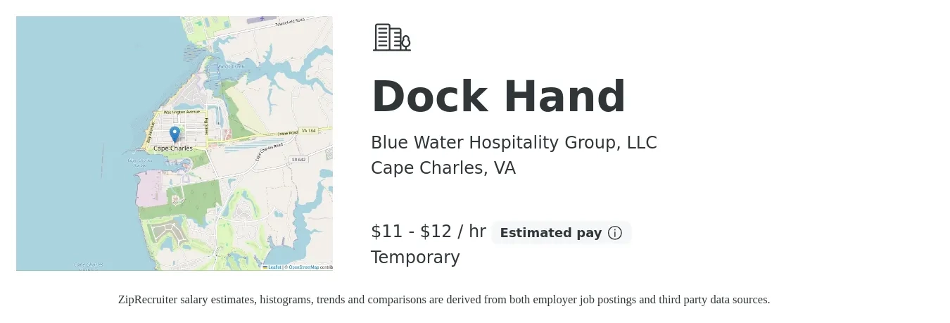 Blue Water Hospitality Group, LLC job posting for a Dock Hand in Cape Charles, VA with a salary of $12 to $13 Hourly with a map of Cape Charles location.