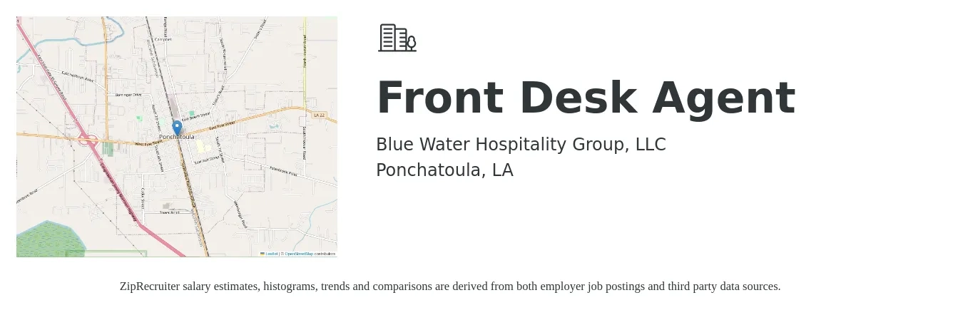 Blue Water Hospitality Group, LLC job posting for a Front Desk Agent in Ponchatoula, LA with a salary of $10 to $11 Hourly with a map of Ponchatoula location.