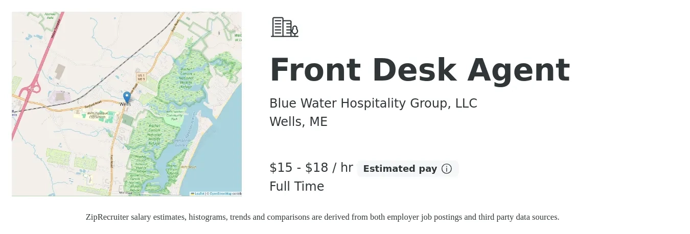 Blue Water Hospitality Group, LLC job posting for a Front Desk Agent in Wells, ME with a salary of $16 to $17 Hourly with a map of Wells location.