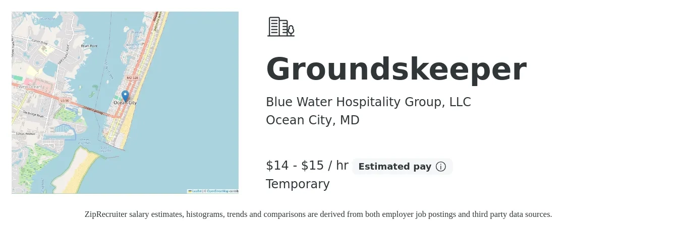 Blue Water Hospitality Group, LLC job posting for a Groundskeeper in Ocean City, MD with a salary of $15 to $16 Hourly with a map of Ocean City location.