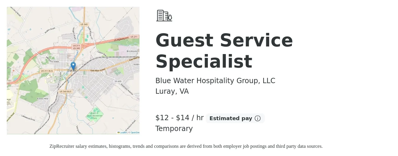 Blue Water Hospitality Group, LLC job posting for a Guest Service Specialist in Luray, VA with a salary of $13 to $13 Hourly with a map of Luray location.