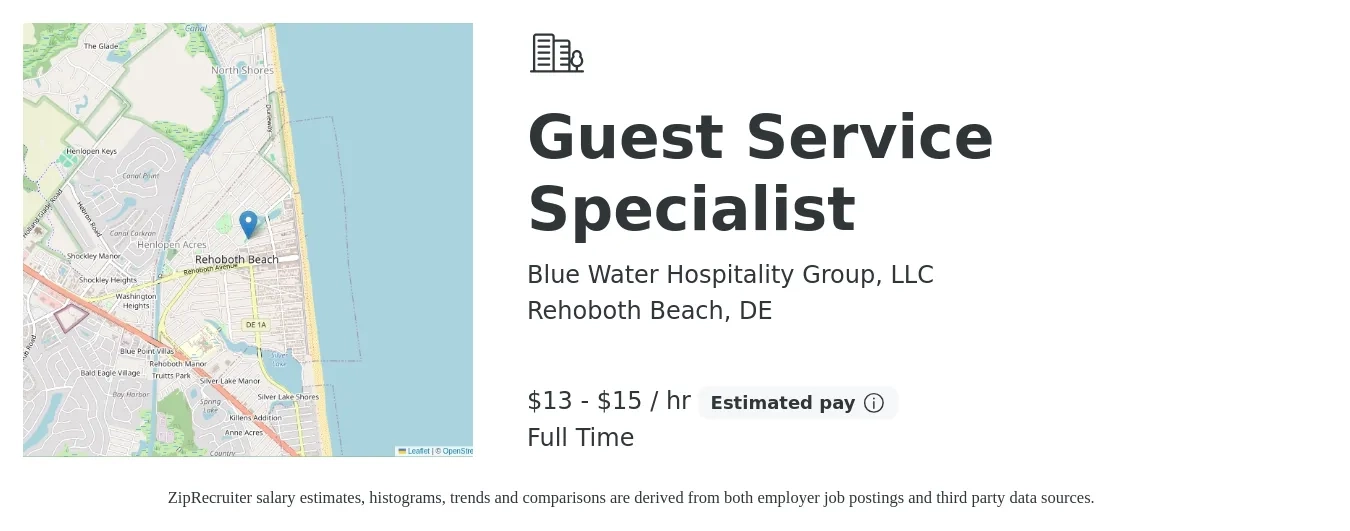 Blue Water Hospitality Group, LLC job posting for a Guest Service Specialist in Rehoboth Beach, DE with a salary of $14 to $16 Hourly with a map of Rehoboth Beach location.