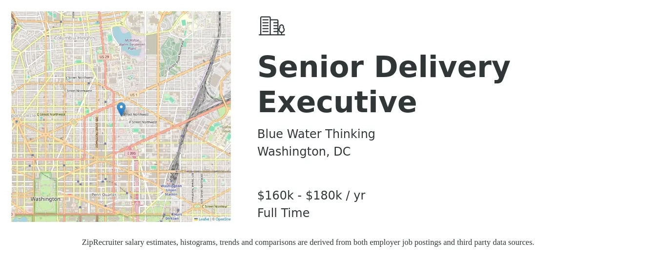 Blue Water Thinking job posting for a Senior Delivery Executive in Washington, DC with a salary of $160,000 to $180,000 Yearly with a map of Washington location.