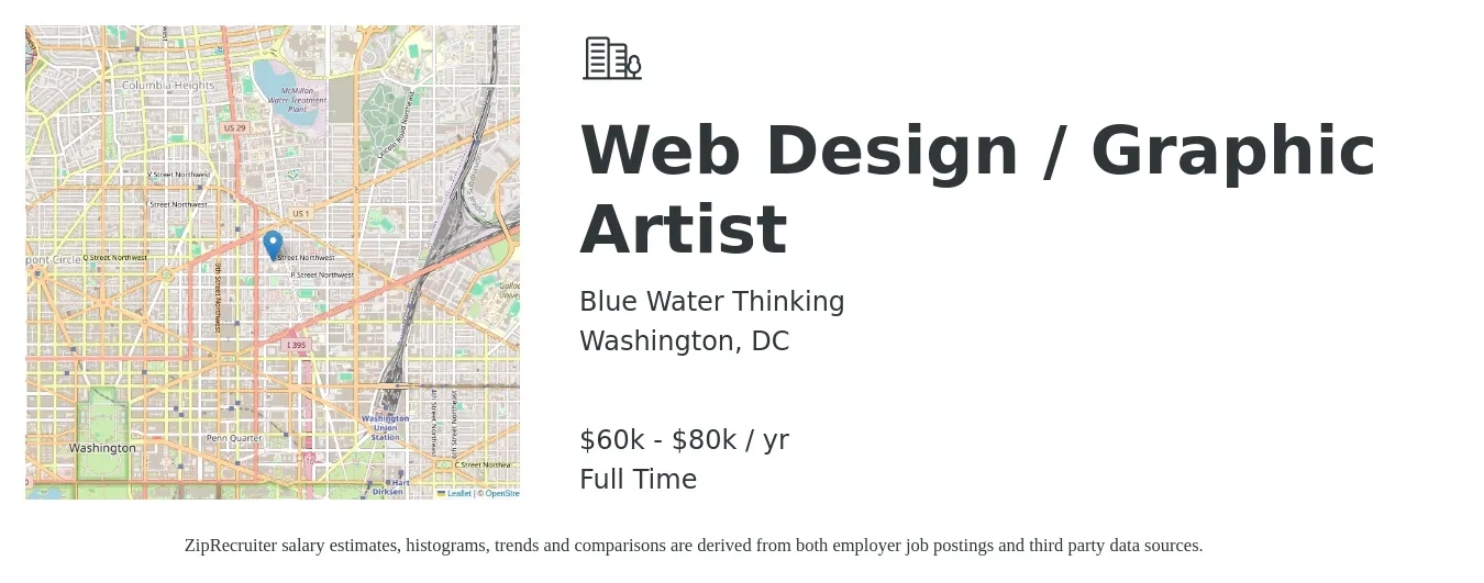 Blue Water Thinking job posting for a Web Design / Graphic Artist in Washington, DC with a salary of $60,000 to $80,000 Yearly with a map of Washington location.