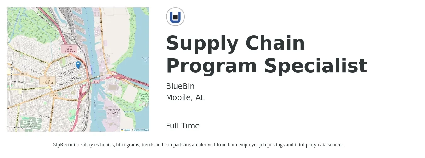 BlueBin job posting for a Supply Chain Program Specialist in Mobile, AL with a salary of $50 Hourly with a map of Mobile location.