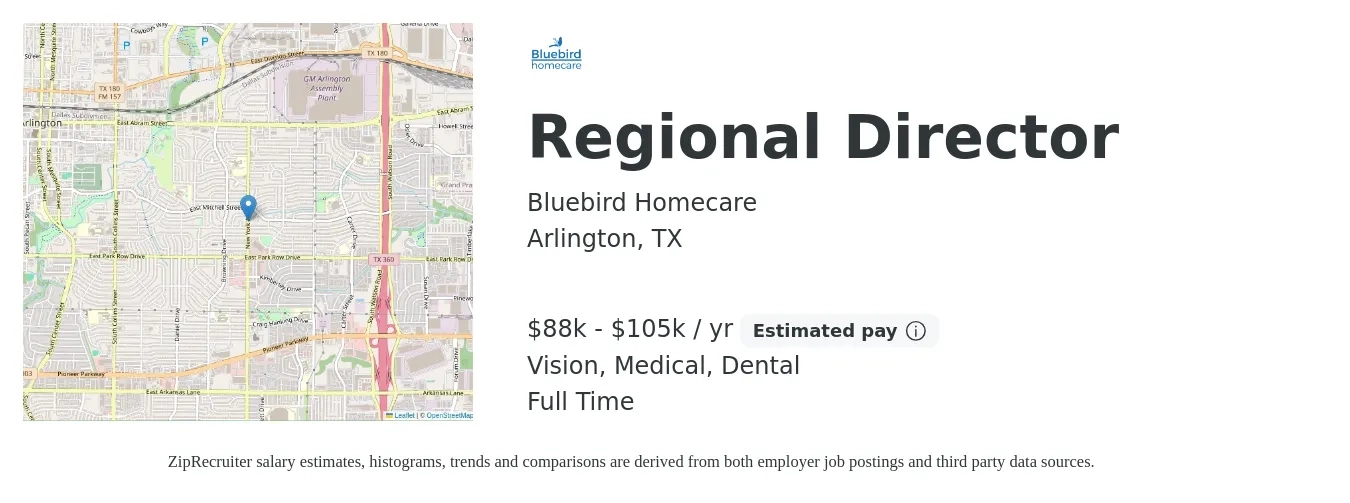Bluebird Homecare job posting for a Regional Director in Arlington, TX with a salary of $88,900 to $105,674 Yearly and benefits including vision, dental, life_insurance, medical, and pto with a map of Arlington location.