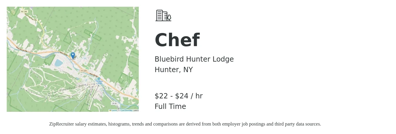 Bluebird Hunter Lodge job posting for a Chef in Hunter, NY with a salary of $23 to $25 Hourly with a map of Hunter location.