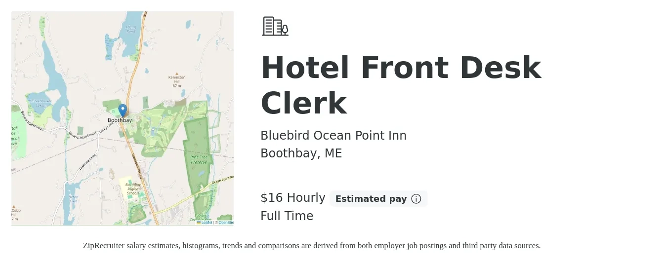 Bluebird Ocean Point Inn job posting for a Hotel Front Desk Clerk in Boothbay, ME with a salary of $17 Hourly with a map of Boothbay location.