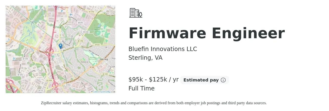 Bluefin Innovations LLC job posting for a Firmware Engineer in Sterling, VA with a salary of $95,000 to $125,000 Yearly with a map of Sterling location.