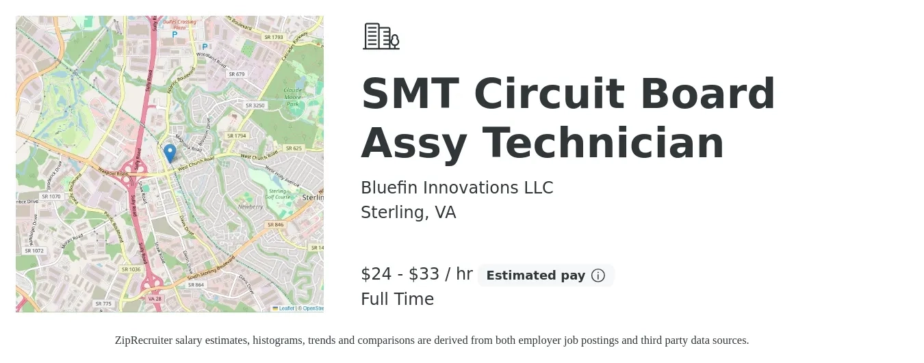 Bluefin Innovations LLC job posting for a SMT Circuit Board Assy Technician in Sterling, VA with a salary of $25 to $35 Hourly with a map of Sterling location.